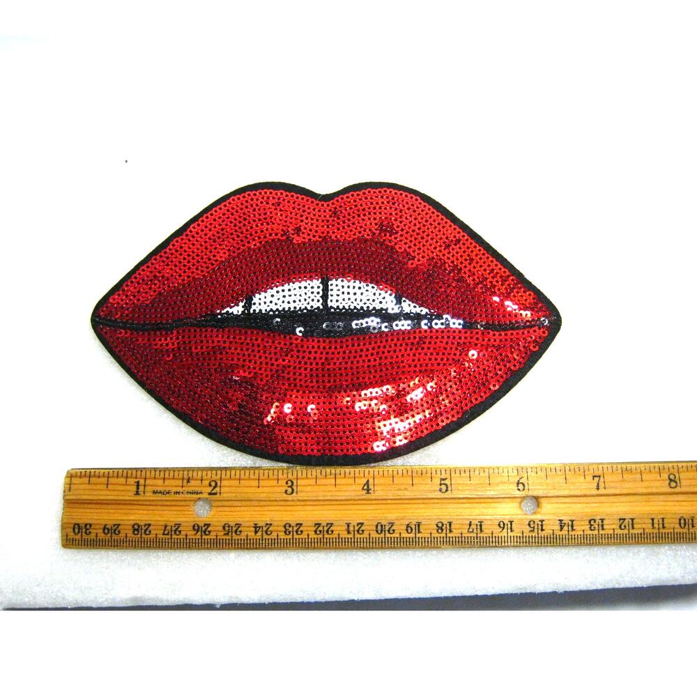Iron On Shiny Sequined Red Lips Applique Embroidery Patch 6x4 inch Red Lipstick